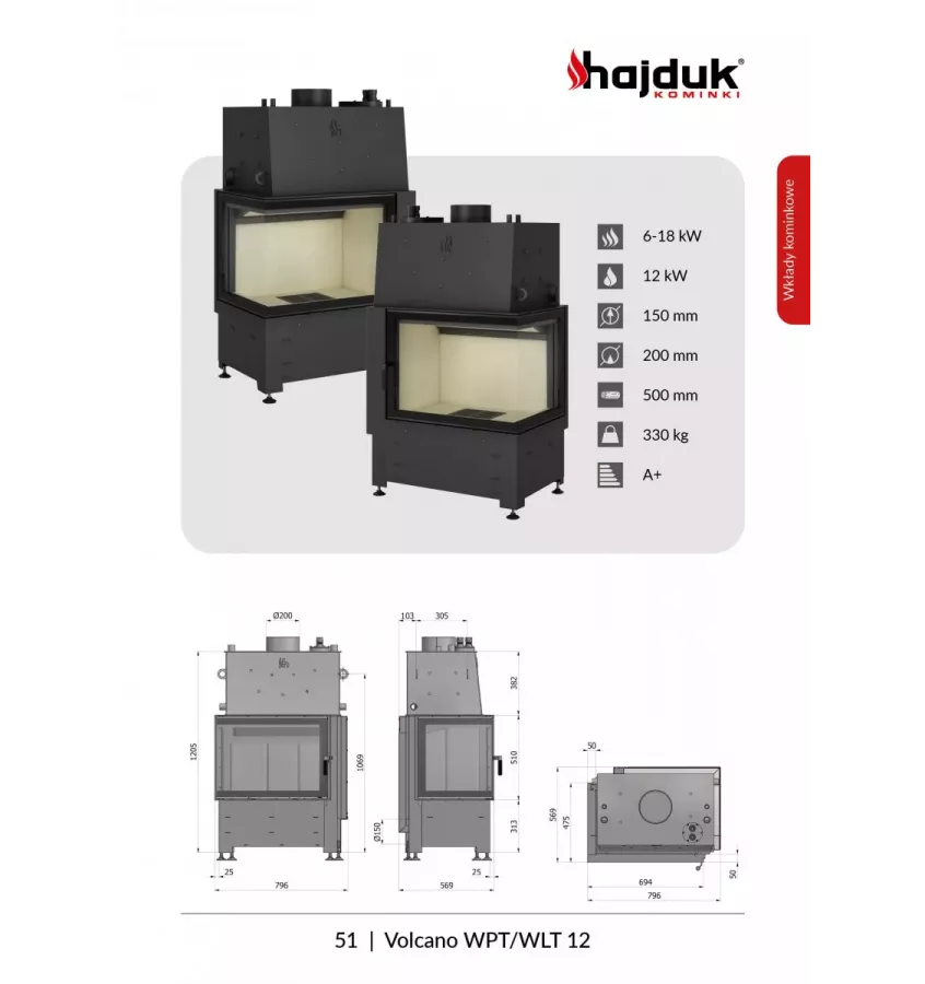 Hajduk - fireplace insert with a water jacket Volcano WPT-12