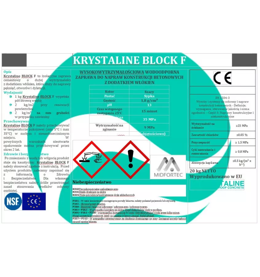 Krystaline - zaprawa wytrzymałościowa do napraw konstrukcji betonowych Krystaline Block F