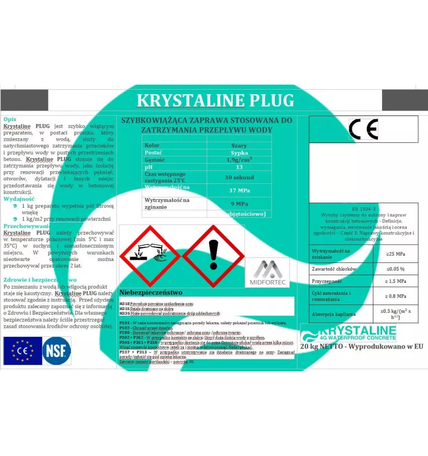 Krystaline - zaprawa szybkowiążąca do zatrzymywania przepływu wody Krystaline Plug