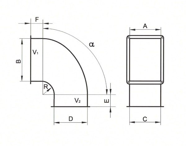 Asymmetrical arched knee dimensions Wymiary kolana asymetrycznego łukowego